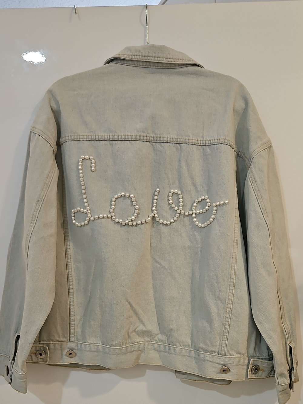 POL Light Wash Denim Jacket With Pearl Love On The Back